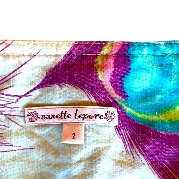 Vintage Y2K Neon Linen Nanette Lapore Baby Blue Mini skirt with Peacock Feathers - Picture 3 of 12